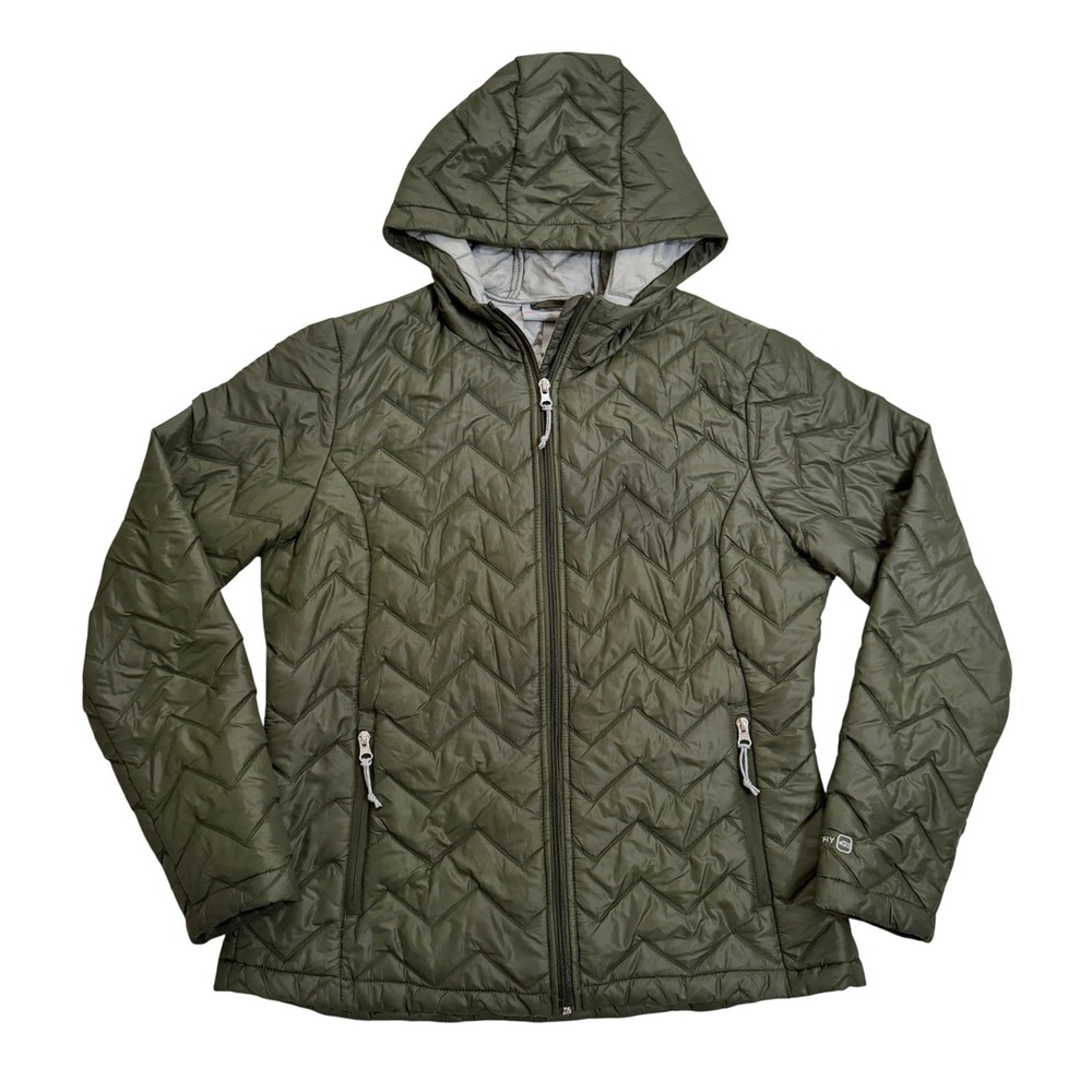 Free Country Puffer Jacket Large Olive Green Chevron Quilted Hooded Full Zip